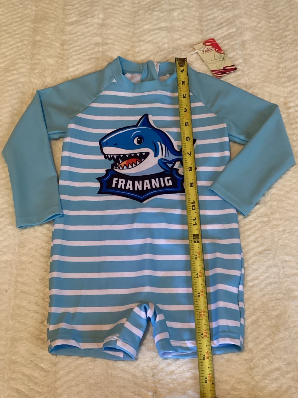Baby Boys Shark Blue White Striped Long Sleeve One Piece Swim Suit 12-24 Months